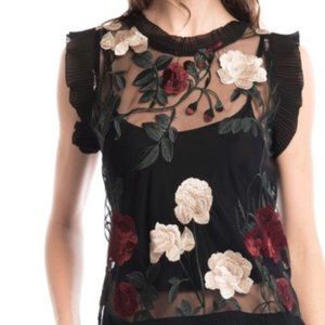 Gracia Embroidered Floral Mesh Sleeveless Blouse